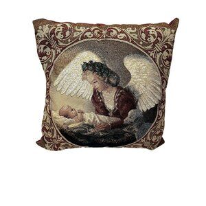 Decorative Vintage Christmas Tapestry Pillow With Angel & Baby 16 x 16 burgundy